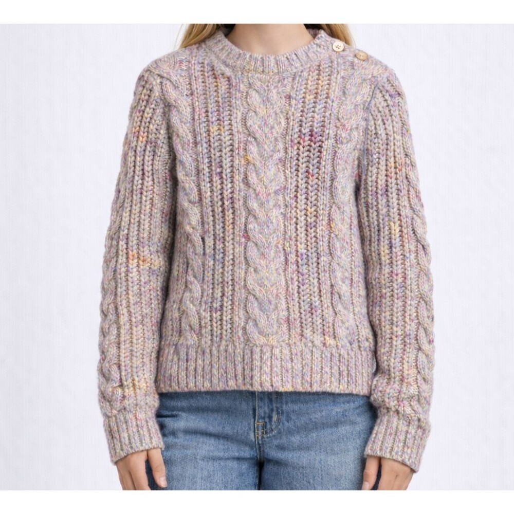 Lands’ End Kids Cable Knit Sweater Girls L Rainbow Pastel Chunky Cotton Pullover
